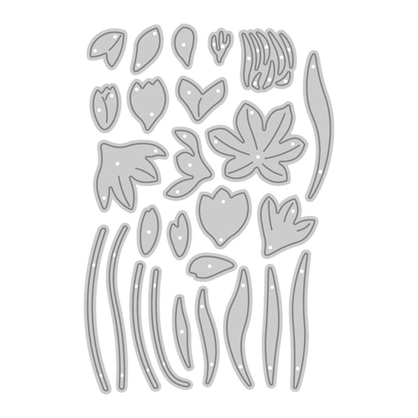 Set of gray floral and leaf-shaped stamps on a white background