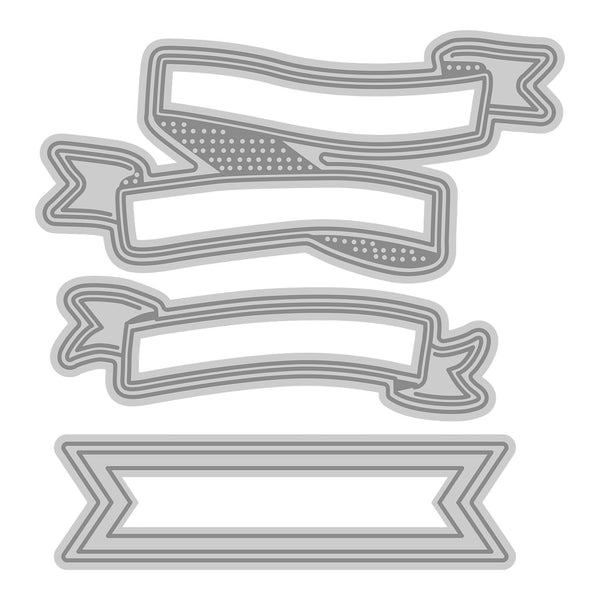 Set of metal banner-shaped cutting dies on a white background