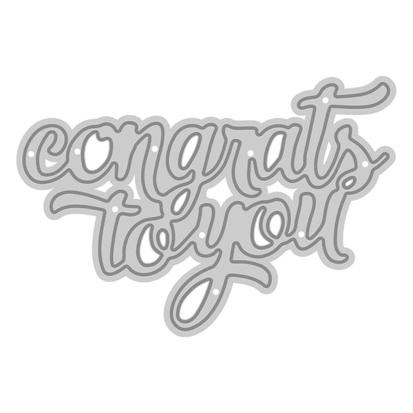 Metallic 'congrat to you' cutting die on a white background