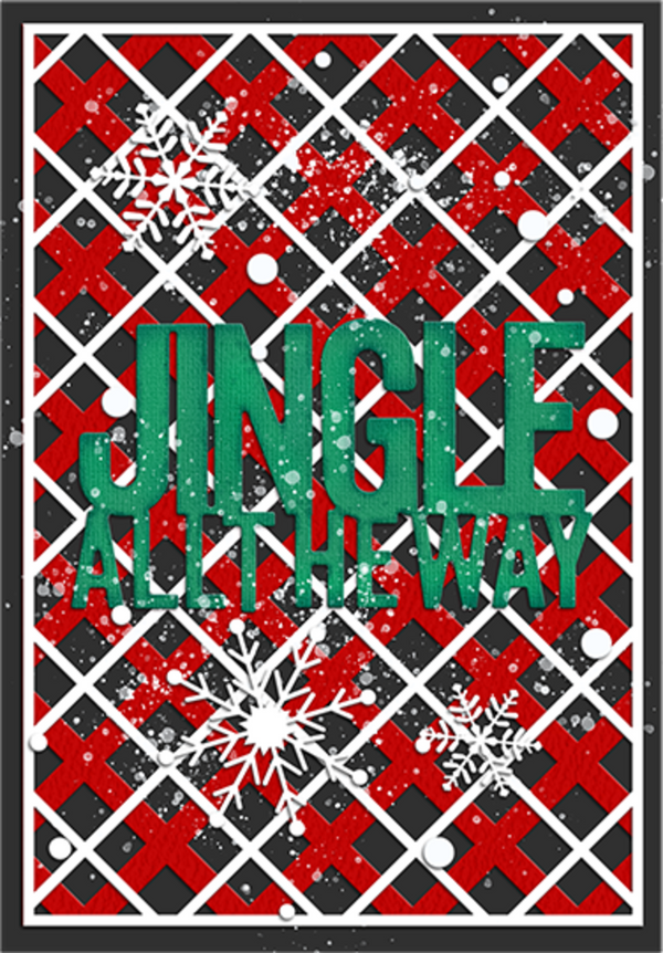 Christmas-themed poster with 'Jingle All the Way' text on a red and black checkered background.