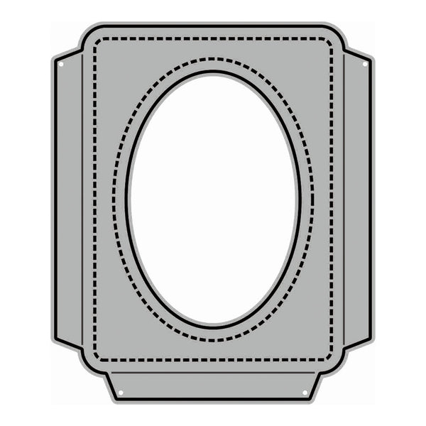 A gray rectangular patch with rounded corners, featuring a large central oval cutout outlined by dashed stitching, shown on a plain white background.