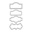 Four metal cutting or stamp templates with ornate vintage label shapes, arranged vertically on a plain white background.