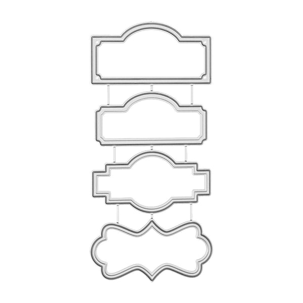 Four metal cutting or stamp templates with ornate vintage label shapes, arranged vertically on a plain white background.