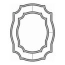 A gray metal die-cut stencil with an ornate, vintage-style scroll border on a plain white background.