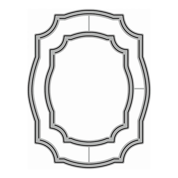 A gray metal die-cut stencil with an ornate, vintage-style scroll border on a plain white background.