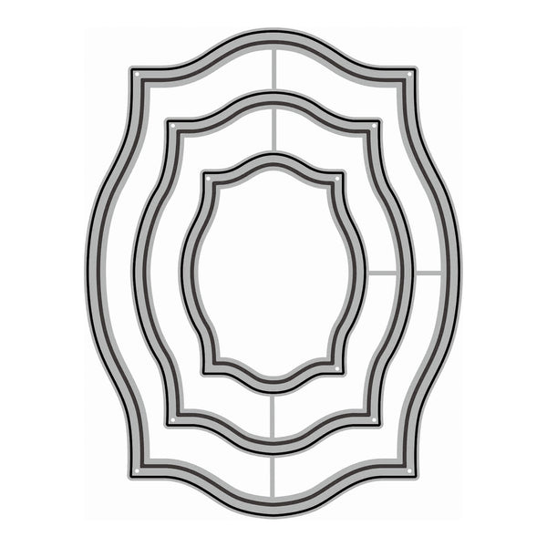 Three nested decorative frames with scalloped edges in gray and black outlines on a white background.