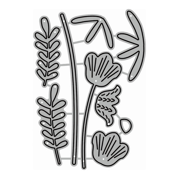 A set of gray metal or plastic craft die-cut shapes featuring botanical leaf and stem designs, arranged on a plain white background.
