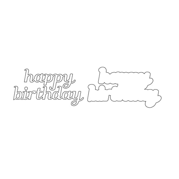 A white die-cut sticker or decal featuring the words 'happy birthday' in cursive script alongside a stylized cake outline, shown on a plain white background.