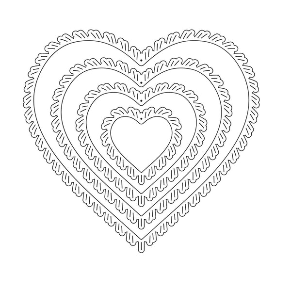 Black line art illustration of nested heart shapes with scalloped and wavy outlines on a plain white background.
