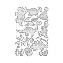 A sheet of silver metal die-cut templates featuring various cute dinosaur illustrations, including a long-necked sauropod, a T-Rex, a pterodactyl, a Stegosaurus, a Triceratops, a volcano, and dinosaur footprints, displayed on a clean white background.