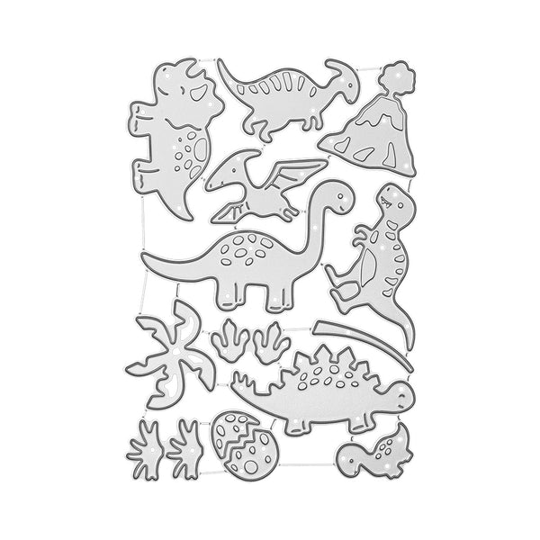 A sheet of silver metal die-cut templates featuring various cute dinosaur illustrations, including a long-necked sauropod, a T-Rex, a pterodactyl, a Stegosaurus, a Triceratops, a volcano, and dinosaur footprints, displayed on a clean white background.