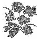 A set of six black and gray line-art illustrations of tropical fish, including angelfish, goldfish, and tetra fish, arranged in a circular pattern on a white background.