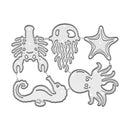 A set of six metal craft dies shaped like sea creatures, including a lobster, jellyfish, starfish, seahorse, octopus, and a small fish, arranged on a plain white background.
