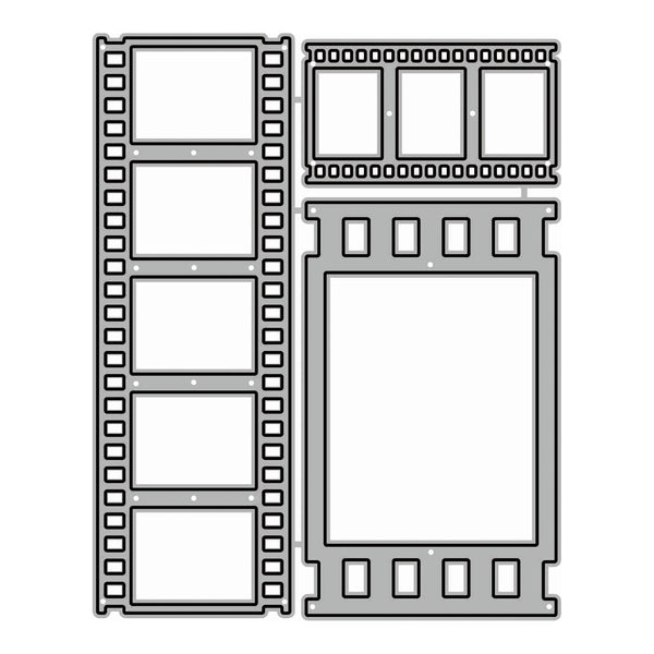 A set of gray metal die-cut templates shaped like film strips, shown on a plain white background.
