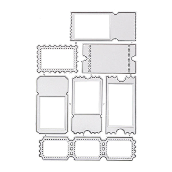 A set of postage stamp-shaped metal cutting dies arranged on a plain white background. The dies are shown in both solid and dashed line styles, indicating different cut patterns.