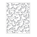 A rectangular metal stencil sheet featuring multiple butterfly-shaped cutouts in various sizes, shown on a plain white background.