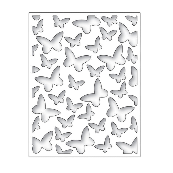 A rectangular metal stencil sheet featuring multiple butterfly-shaped cutouts in various sizes, shown on a plain white background.