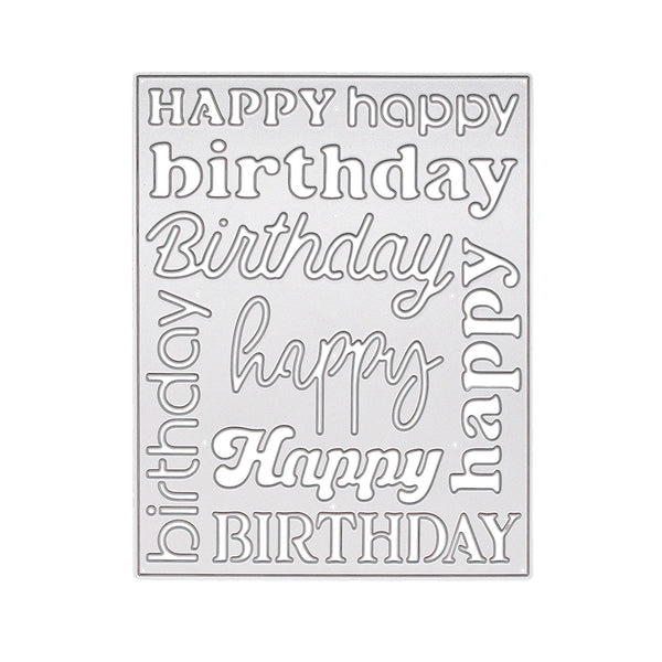 A rectangular silver metal cutting die or stencil featuring various 'Happy Birthday' and 'Birthday' script and block letter designs, shown on a plain white background.
