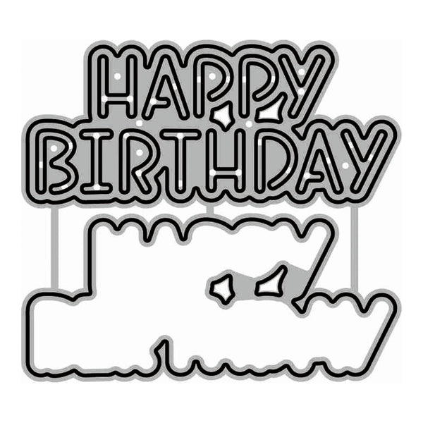 A black and white die-cut sticker or decal featuring the words 'HAPPY BIRTHDAY' above a stylized slice of cake with small star accents.