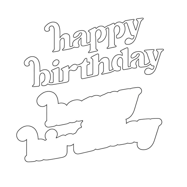 Black outline birthday decoration or stencil design featuring the words 'happy birthday' above a sleigh silhouette, shown on a plain white background.