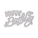 A silver metal die-cut sticker or decal with the words 'HAPPY Birthday' in stylized cursive and block lettering, shown on a plain white background.