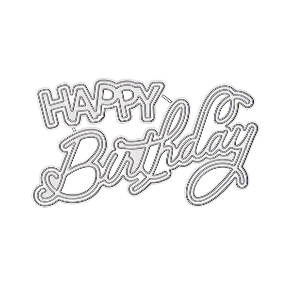 A silver metal die-cut sticker or decal with the words 'HAPPY Birthday' in stylized cursive and block lettering, shown on a plain white background.