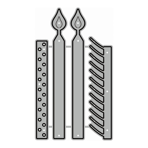 A gray metal candle holder with three candle slots, featuring decorative cutout patterns on the side panels, shown on a plain white background.