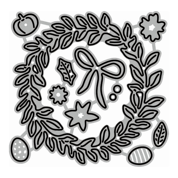 A square black and white line art design featuring a decorative wreath with leaves, flowers, stars, and eggs, presented on a plain white background.