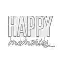 A metal die-cut craft embellishment spelling 'HAPPY' in block letters and 'memories' in cursive script, shown on a plain white background.