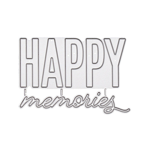 A metal die-cut craft embellishment spelling 'HAPPY' in block letters and 'memories' in cursive script, shown on a plain white background.