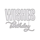 A silver metal die-cut sticker or embellishment featuring the text 'WISHES Birthday' on a plain white background.