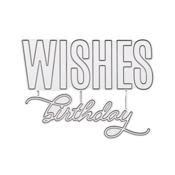 A silver metal die-cut sticker or embellishment featuring the text 'WISHES Birthday' on a plain white background.