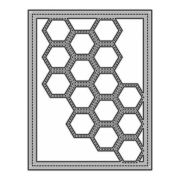 A black metal cutting die with a honeycomb hexagonal pattern, shown as a flat graphic on a white background.