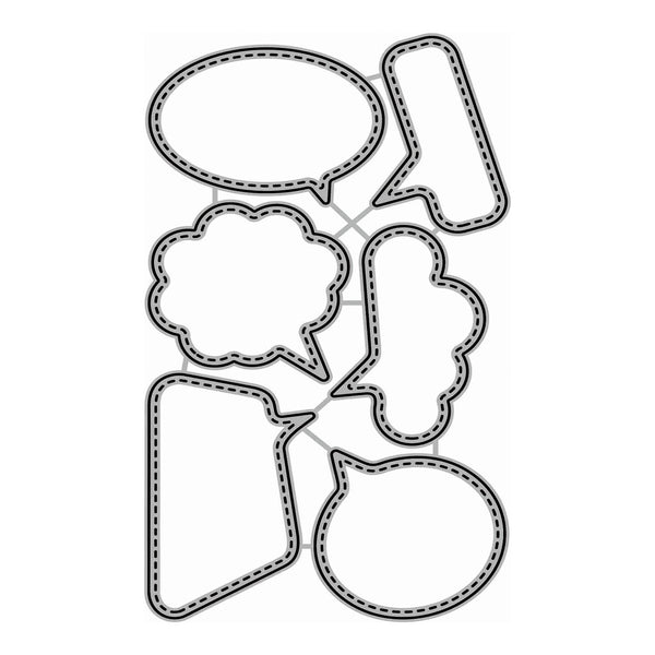 A set of black metal die-cut shapes with dashed outlines, including various speech bubble and cloud-like forms, arranged on a plain white background.