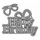 A silver metal die-cut sticker or embellishment featuring the words 'Happy Birthday' in a decorative script font, with two ribbon bows above the text, shown on a plain white background.
