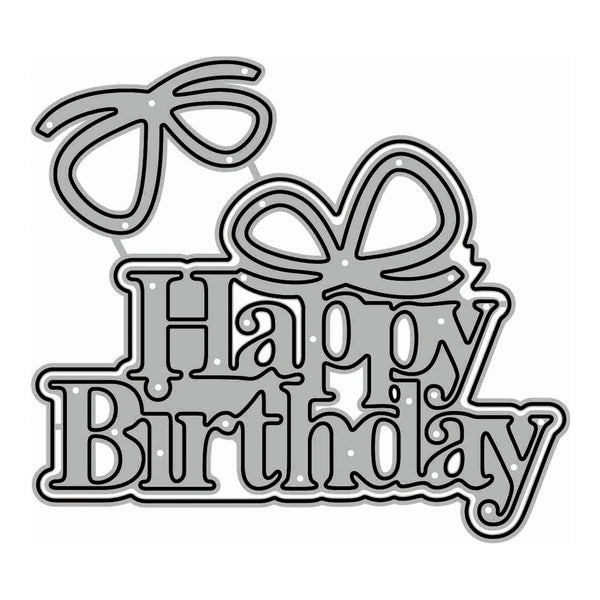 A silver metal die-cut sticker or embellishment featuring the words 'Happy Birthday' in a decorative script font, with two ribbon bows above the text, shown on a plain white background.