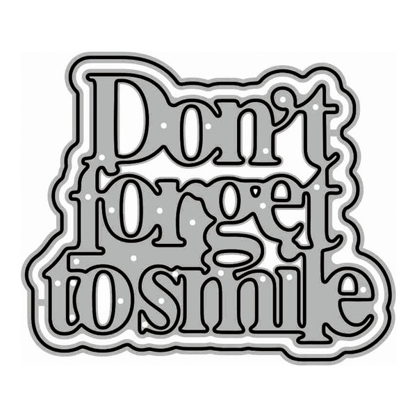 A die-cut sticker with the phrase 'Don't forget to smile' in stylized black lettering with a white dotted pattern and gray shading, outlined in black and white on a plain white background.