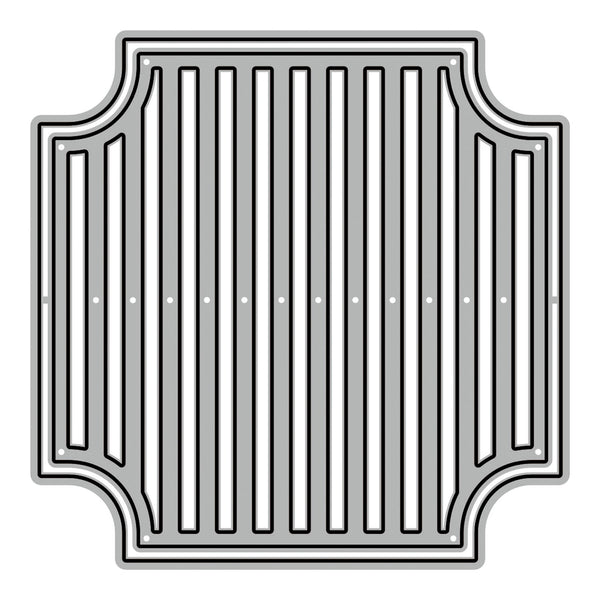 A metal sheet with a decorative border and vertical slats, shown on a plain white background.