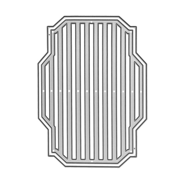 A silver metal die-cut cutting template with vertical slats and a decorative octagonal border, shown on a plain white background.