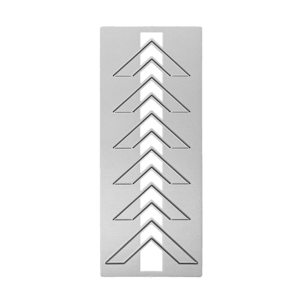 A rectangular brushed metal plate featuring a vertical stack of seven nested chevron arrowhead designs in a dark metallic outline, set against a plain white background.