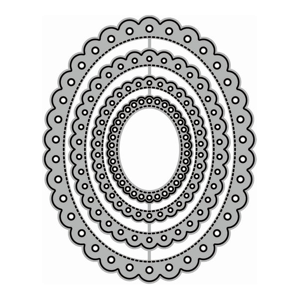 A scalloped oval lace-like pattern shown as a flat graphic on a white background, with concentric decorative rings and dotted lines.