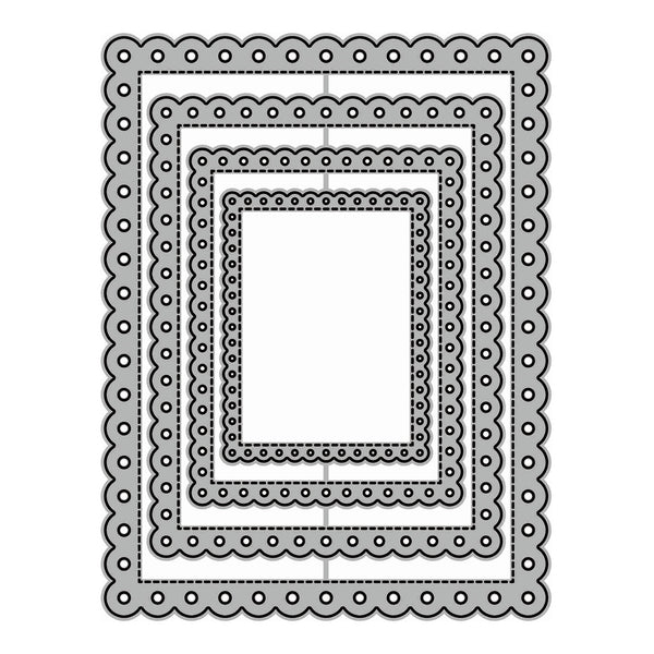 A set of nested rectangular die-cut frames with scalloped and dotted borders, shown in gray and black outlines on a white background.