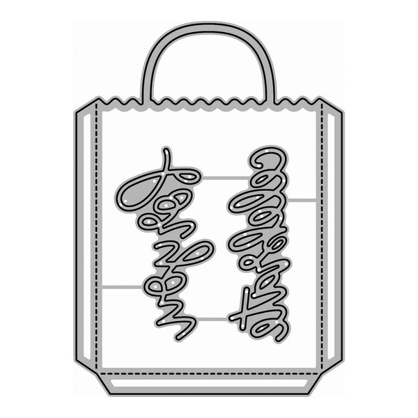 A black and white line art graphic of a paper shopping bag with two cursive script cutouts inside, likely representing a die-cutting or stamping template.