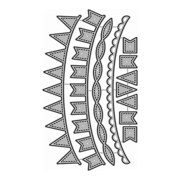 A set of gray fabric banner and garland cutters or templates arranged vertically on a plain white background, including pointed triangle, wavy flag, scalloped oval, and zigzag banner shapes.