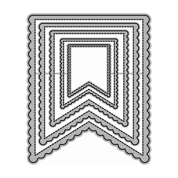 A set of nested ribbon bookmark-shaped metal cutting dies with scalloped edges and dashed line patterns, shown on a plain white background.