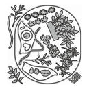 A black and white line art illustration of a circular botanical design, featuring leaves, flowers, and organic shapes, presented on a solid white background.