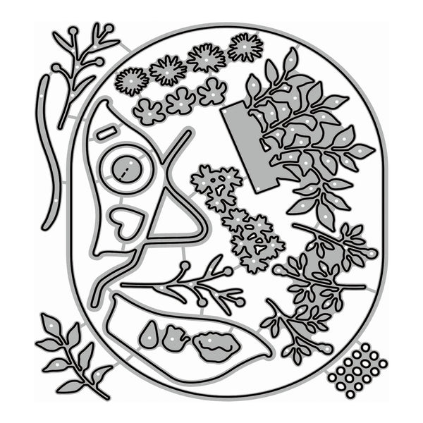 A black and white line art illustration of a circular botanical design, featuring leaves, flowers, and organic shapes, presented on a solid white background.