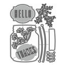 A gray and black metal cutting kit featuring a mason jar with floral designs, a 'HELLO' label, a 'THANKS' label, two curved rods, and two rectangular pieces, shown on a white background.