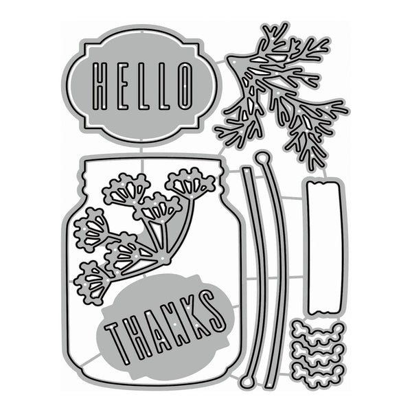 A gray and black metal cutting kit featuring a mason jar with floral designs, a 'HELLO' label, a 'THANKS' label, two curved rods, and two rectangular pieces, shown on a white background.