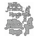 A set of decorative die-cut stickers featuring the phrase 'Hello, friend, Hugs' in stylized bubble lettering, shown in a silver-gray metallic finish on a plain white background.